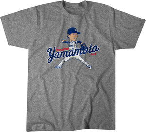 Yoshinobu Yamamoto: Caricature Shirt, LA - MLBPA Licensed - BreakingT