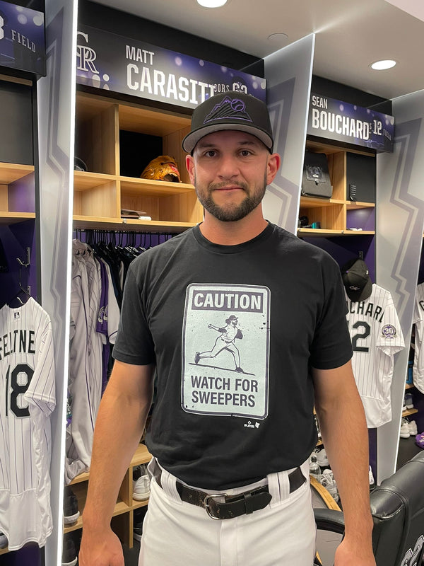 Justin Lawrence: Caution! Sweepers Shirt - MLBPA Licensed - BreakingT