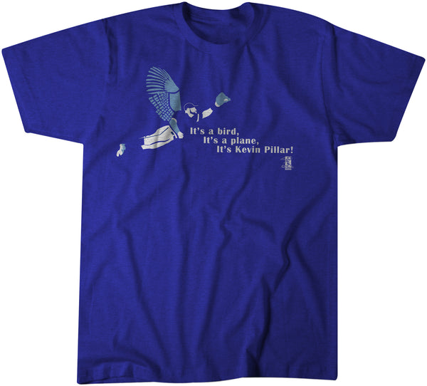 Royal blue t-shirt featuring Toronto Blue Jays center fielder Kevin Pillar making a diving catch.